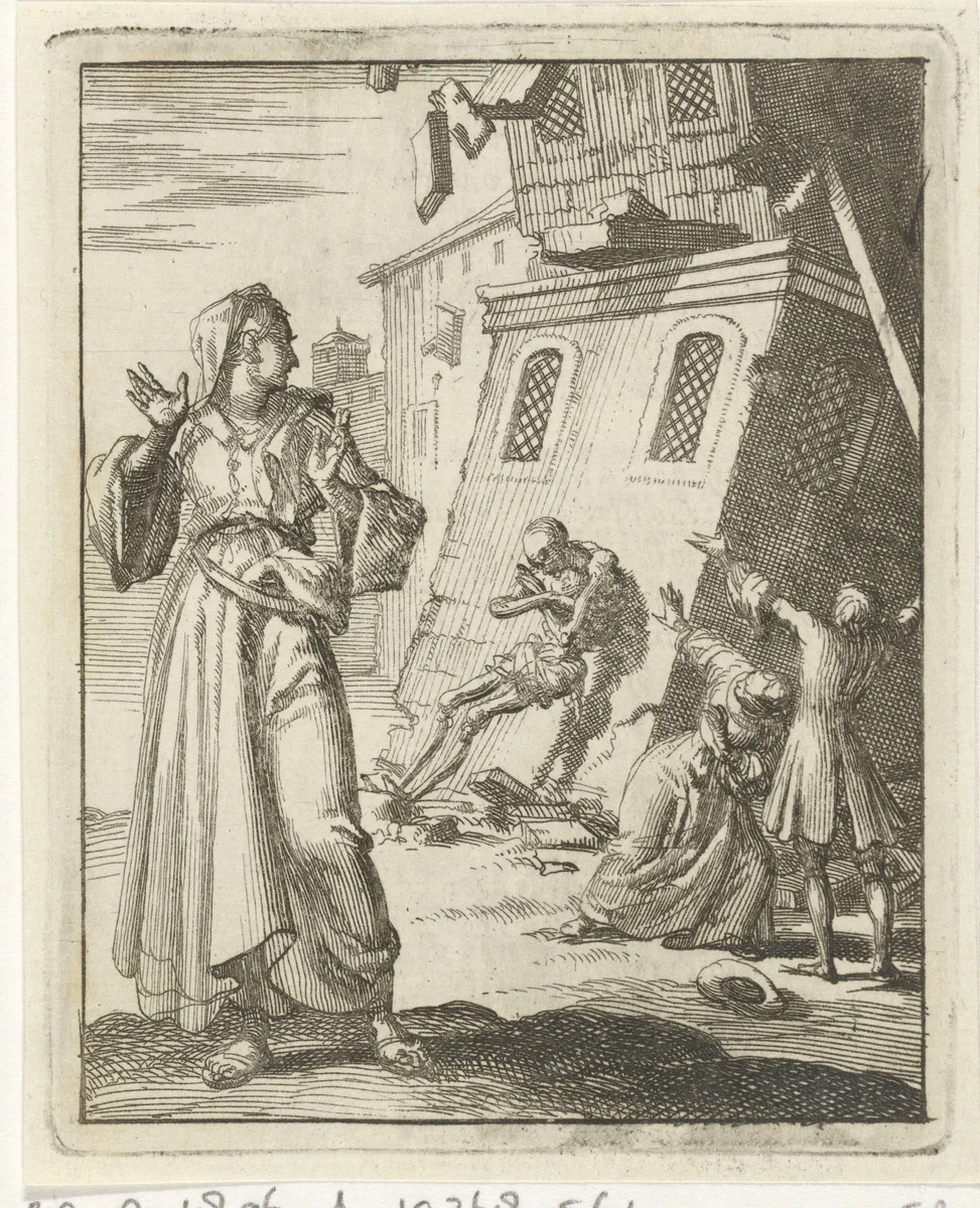 Vrouw kijkt om naar een gebouw dat instort doordat de Dood er tegenaan leunt by Jan Luyken, print, 1687