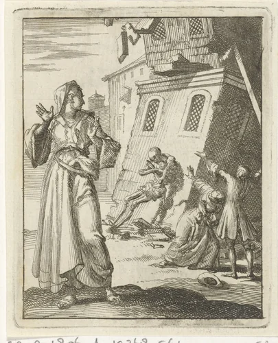 Vrouw kijkt om naar een gebouw dat instort doordat de Dood er tegenaan leunt by Jan Luyken, print, 1687
