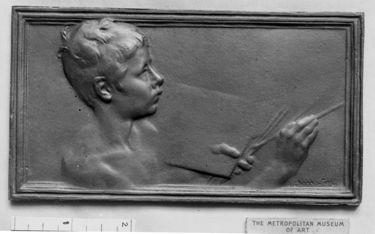 Nude bust of a boy painting (La Peinture) (one of a pair of designs for lock-plates) by Alexandre-Louis-Marie Charpentier, metalwork, 1885-1899