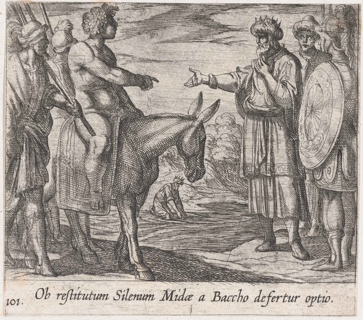 Plate 101: Bacchus Granting Midas's Wish (Ob restitutum Silenum Midae a Baccho Defertur optio), from Ovid's 'Metamorphoses' by Antonio Tempesta, print, 1606
