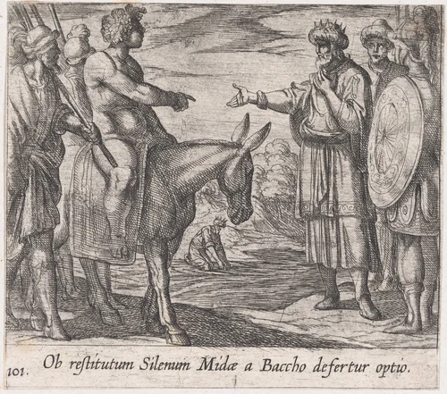 Plate 101: Bacchus Granting Midas's Wish (Ob restitutum Silenum Midae a Baccho Defertur optio), from Ovid's 'Metamorphoses' by Antonio Tempesta, print, 1606
