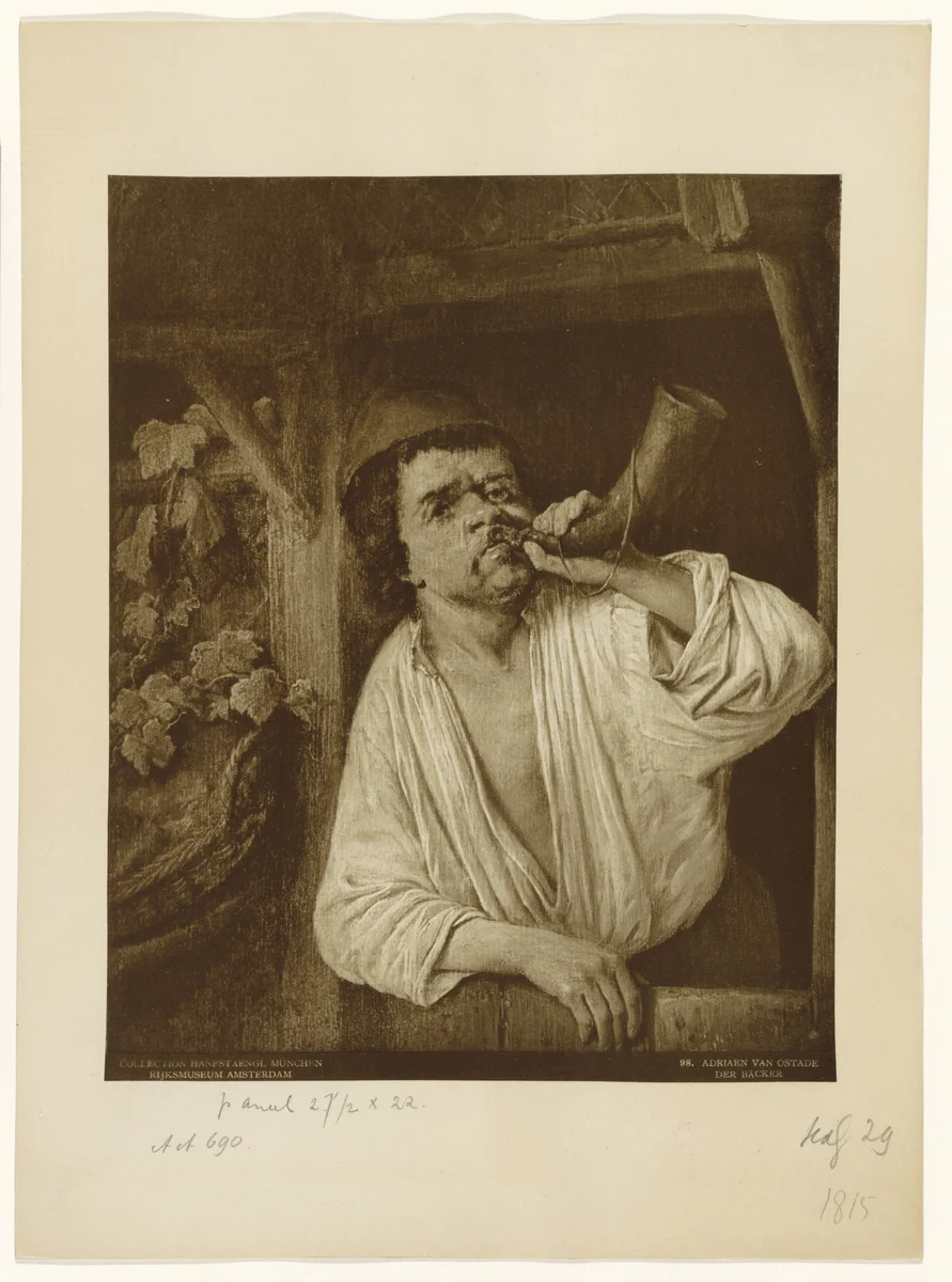 Reproductie van het schilderij 'Een bakker blazend op zijn hoorn' door Adriaen van Ostade by anonymous, print, 1870-1910