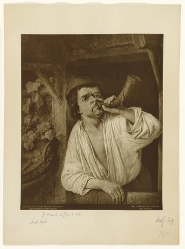 Reproductie van het schilderij 'Een bakker blazend op zijn hoorn' door Adriaen van Ostade by anonymous, print, 1870-1910