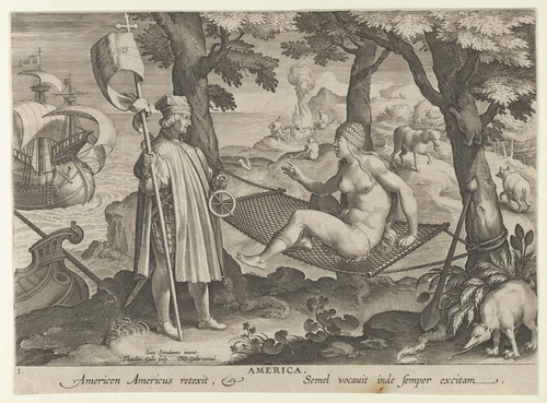 Allegory of America, from New Inventions of Modern Times (Nova Reperta), plate 1 of 19 by Theodoor Galle, print, 1595-1605