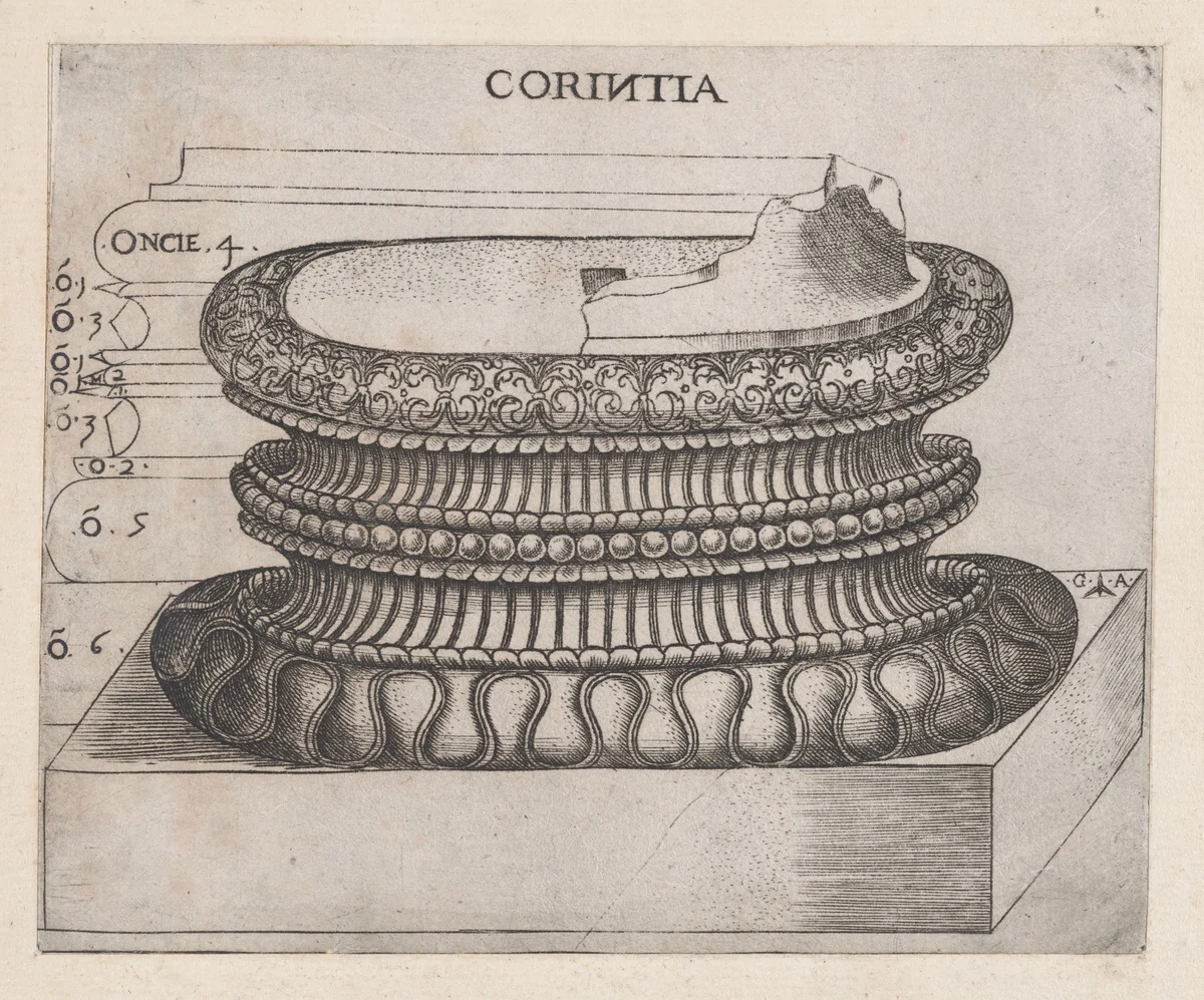 Corinthian base, from "Speculum Romanae Magnificentiae" by Monogrammist G.A. with the Caltrop, print, 1534-1540