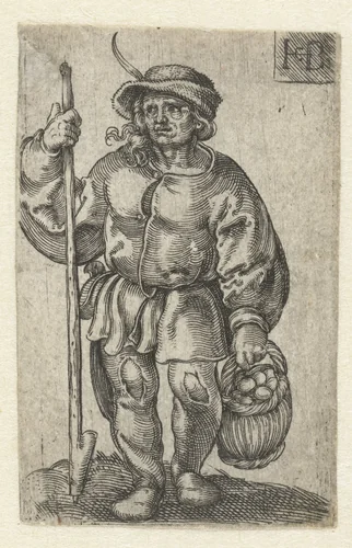 Boer met een mand met eieren by Unknown, print, 1510-1569