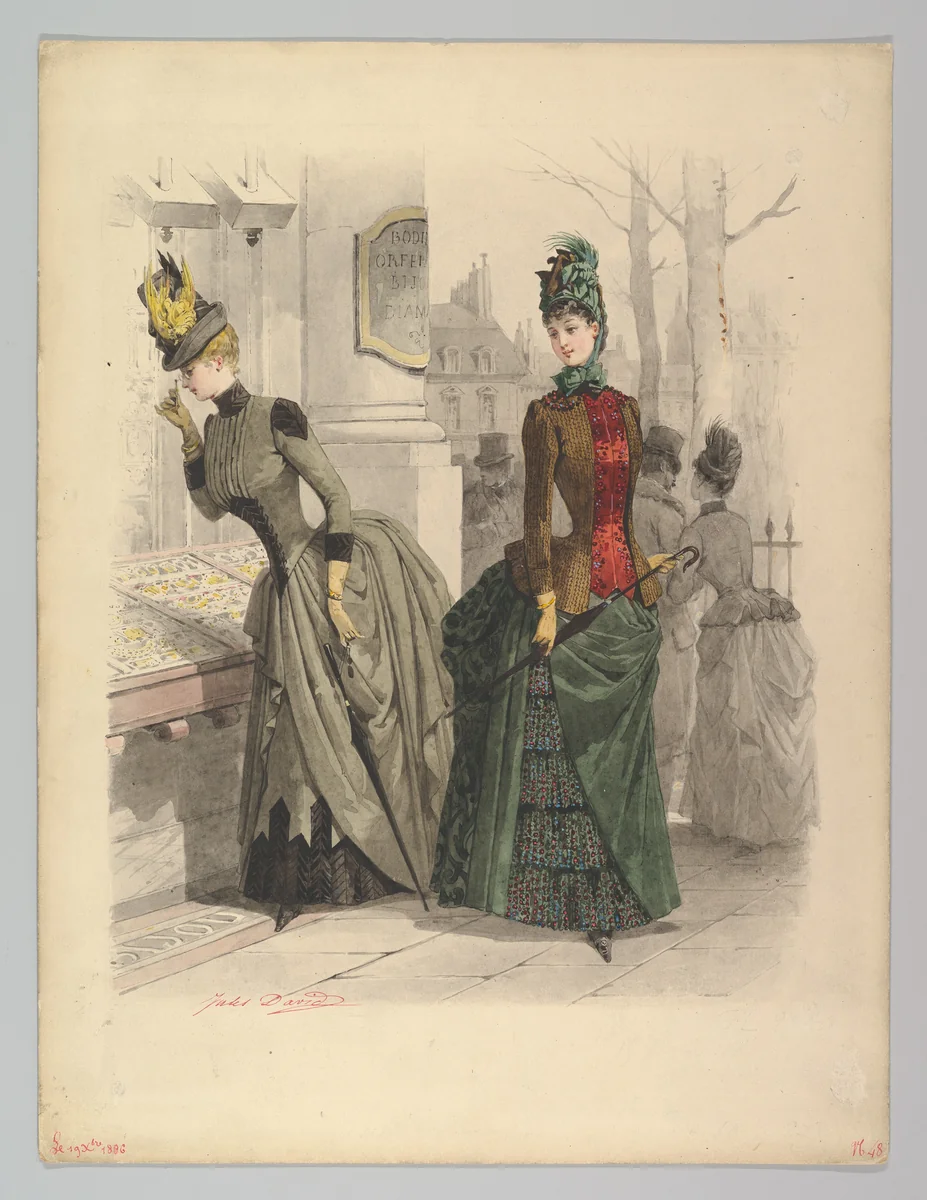 Two Women in Day Dresses: Preparatory drawing for a fashion plate from Le Moniteur de la Mode by Jules David, drawing, 1886