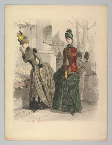 Two Women in Day Dresses: Preparatory drawing for a fashion plate from Le Moniteur de la Mode by Jules David, drawing, 1886