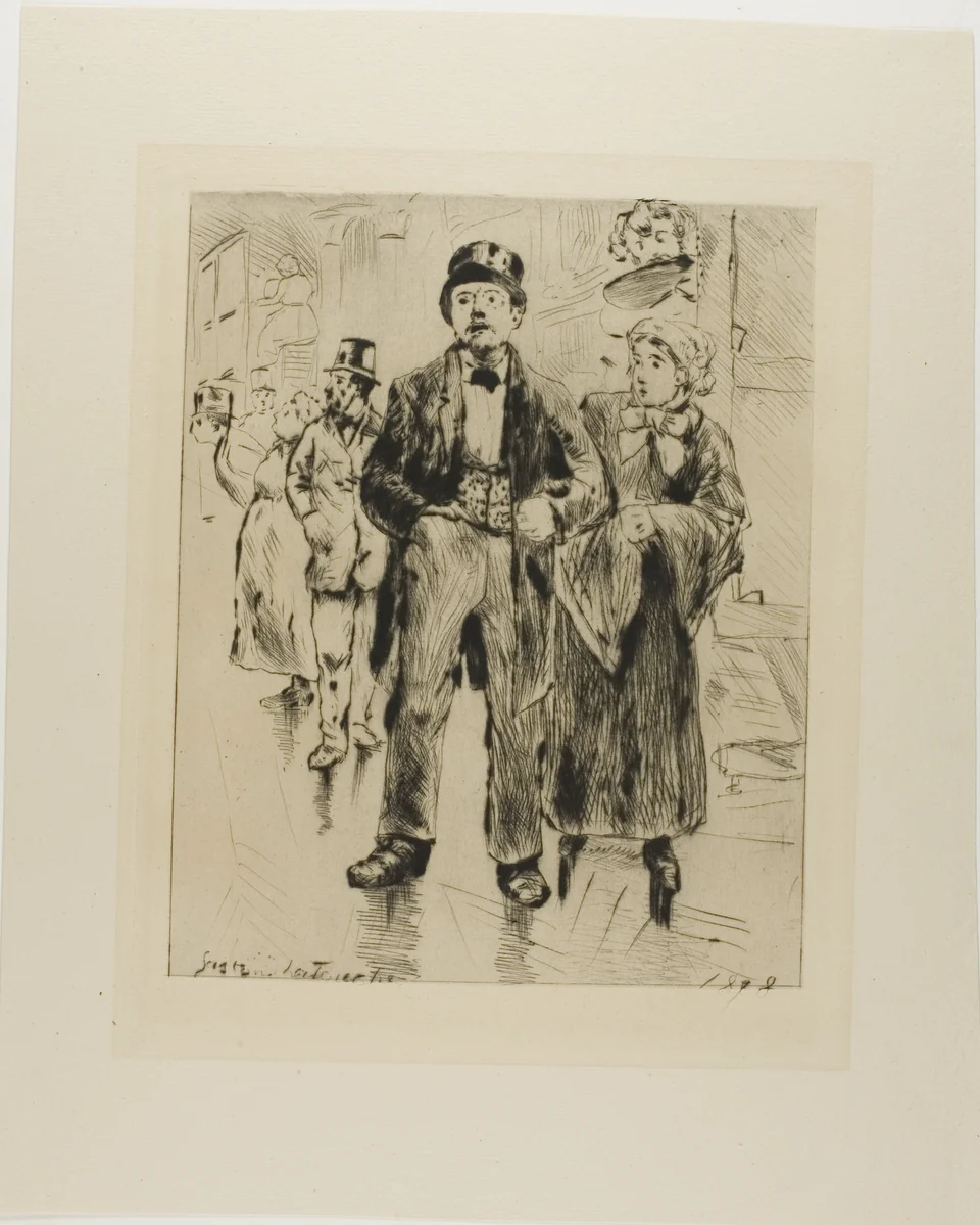 Plate from l'Assommoir (standing couple, with other figures in background) by Gaston La Touche, print, 1878