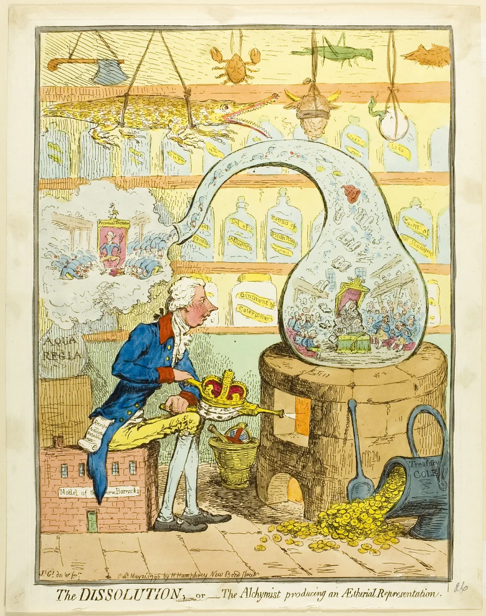 The Dissolution; or The Alchymist Producing an Aetherial Representation by James Gillray, print, 1796
