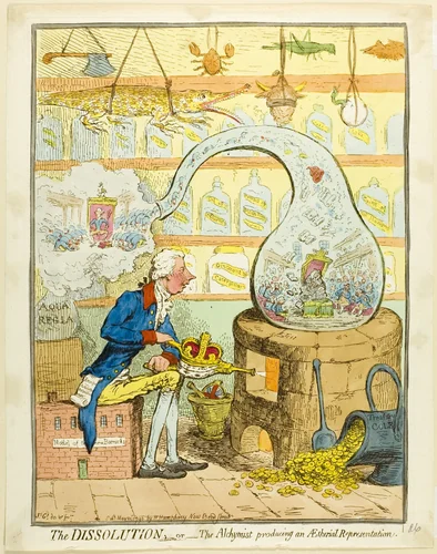 The Dissolution; or The Alchymist Producing an Aetherial Representation by James Gillray, print, 1796