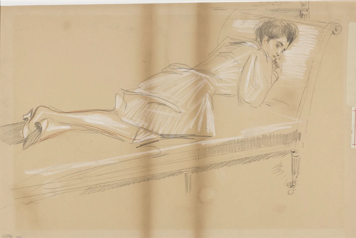 Vrouw voorover liggend op rustbank by Paul César Helleu, drawing, 1849-1927