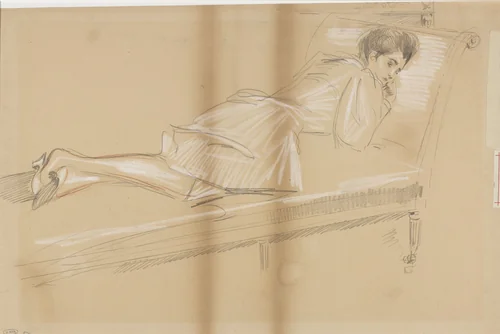Vrouw voorover liggend op rustbank by Paul César Helleu, drawing, 1849-1927