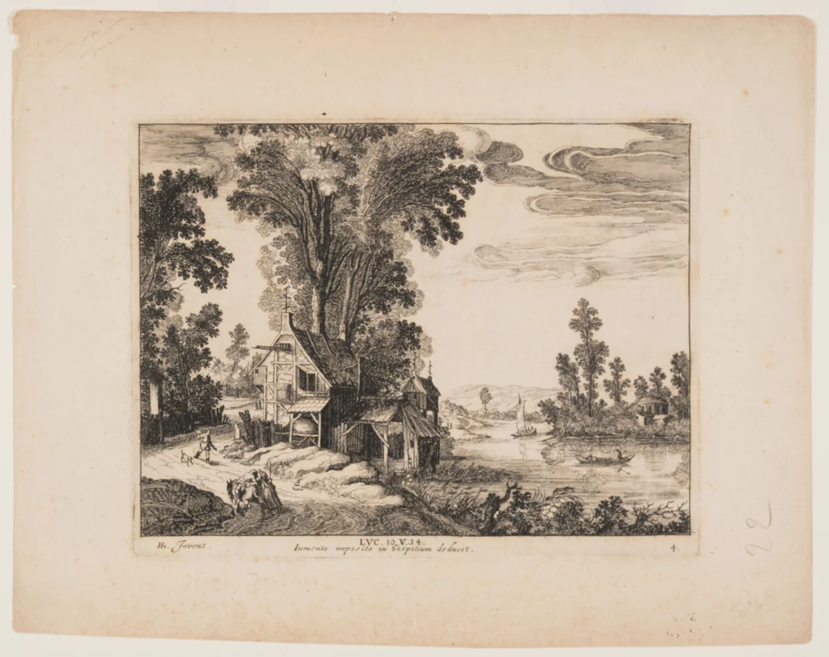 The Samaritan Approaches the Inn, from Landscapes with the Story of the Good Samaritan by Simon Frisius, print, 1600-1620