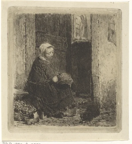 Vrouw met een kat by Hendrik Jacobus Scholten, print, 1834-1879
