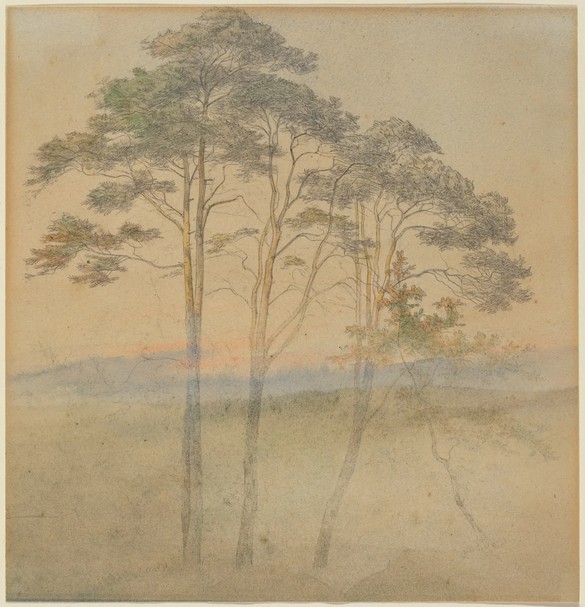 Pines in a Morning Fog by Ernst Ferdinand Oehme, drawing, 1797-1855