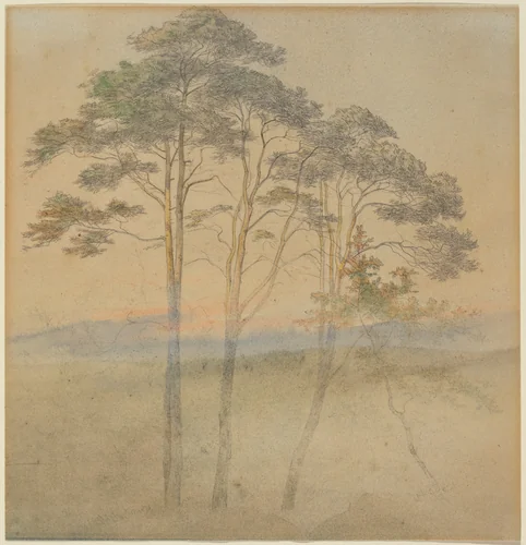 Pines in a Morning Fog by Ernst Ferdinand Oehme, drawing, 1797-1855