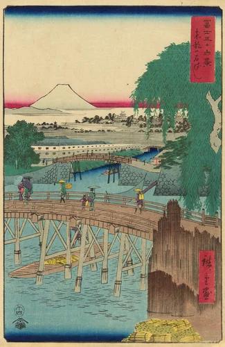 Ichikoku Bridge in the Eastern Capital (Toto Ichikokubashi), from the series "Thirty-six Views of Mount Fuji (Fuji sanjurokkei)" by Utagawa Hiroshige (歌川広重), print, 1858