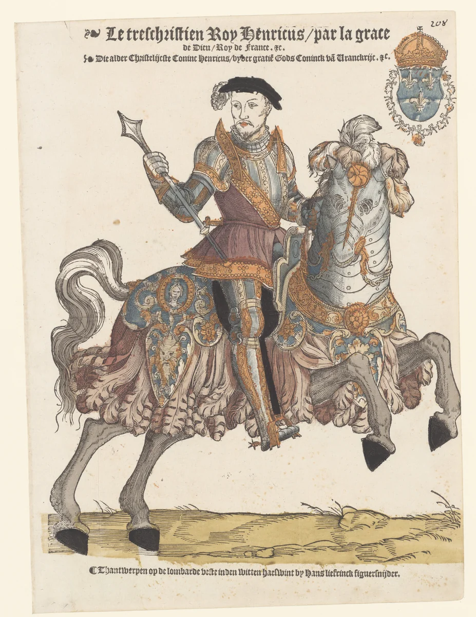 Portret van Hendrik II van Frankrijk in harnas te paard, naar rechts by Hans Liefrinck, print, 1539-1547