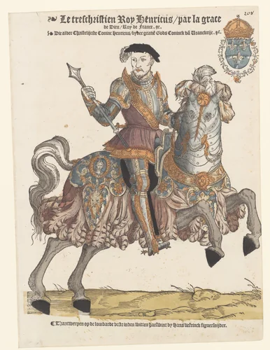 Portret van Hendrik II van Frankrijk in harnas te paard, naar rechts by Hans Liefrinck, print, 1539-1547