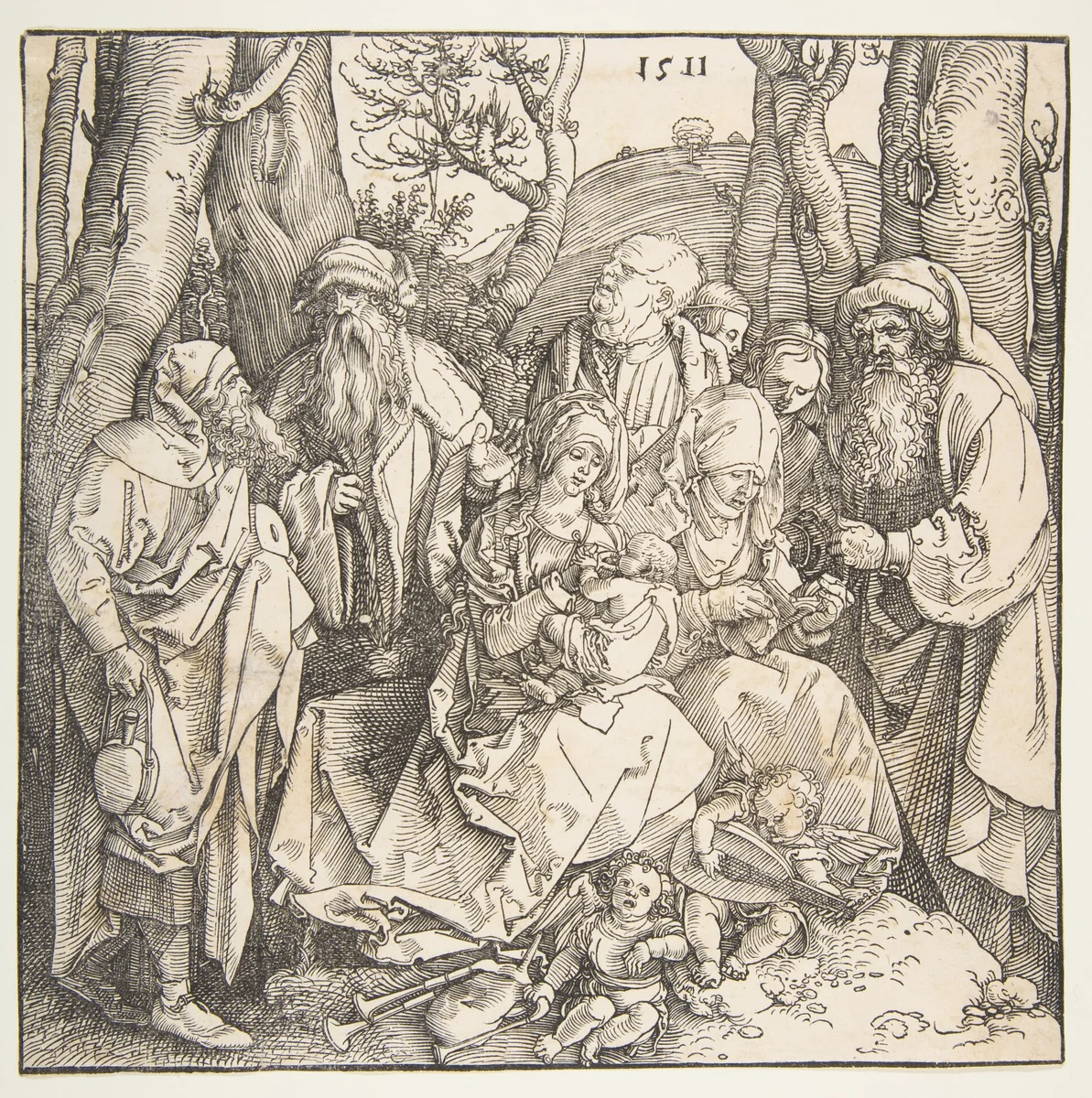 The Holy Family with Saints and Two Musical Angels by Albrecht Dürer, print, 1511