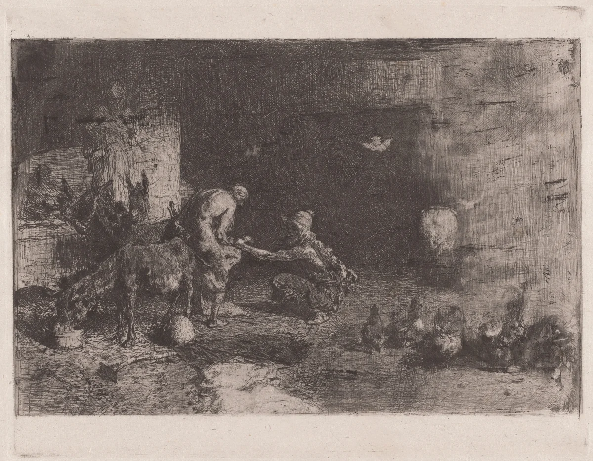 Maréchal ferrant au Maroc [Shoeing a Mule in Morocco] by Mariano Fortuny Marsal, print, 1875