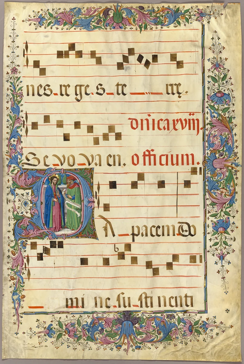 Page from a Choirbook with Christ and a Pharisee in a Historiated Initial “D” by Pedro da Toledo or Nicolás Gómez, drawing, 1430-1490