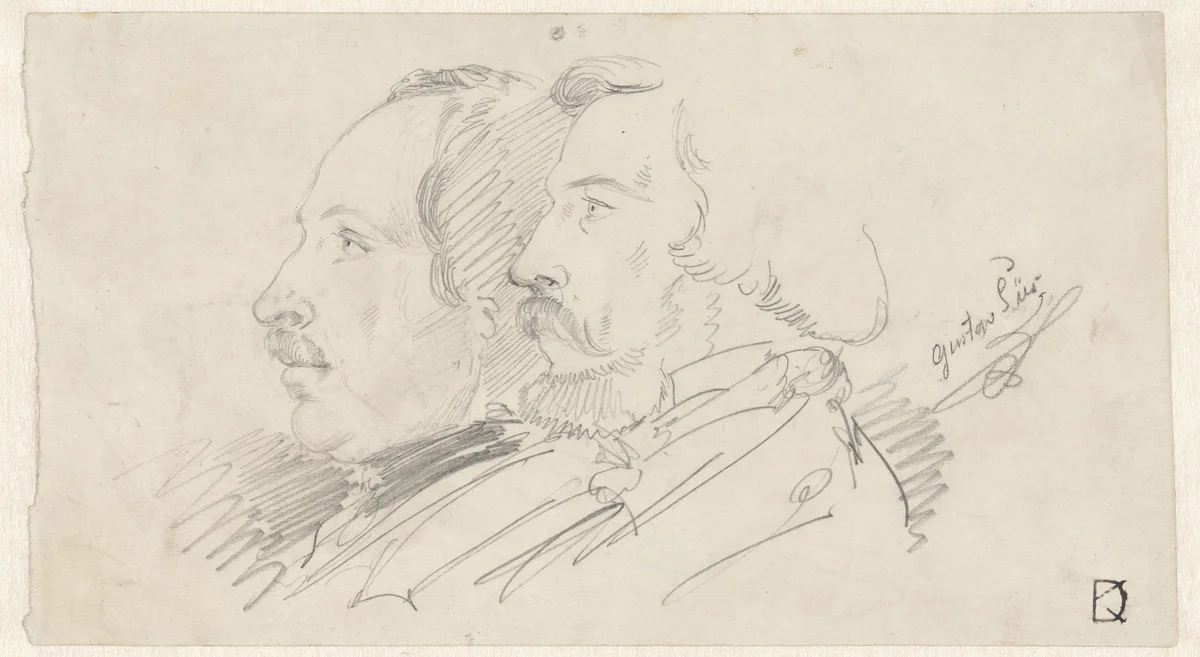 Portretten van twee mannen, en profil naar links, de rechtse man is kunstschilder en literator Gustav Süs by Johan Daniël Koelman, drawing, 1843-1857