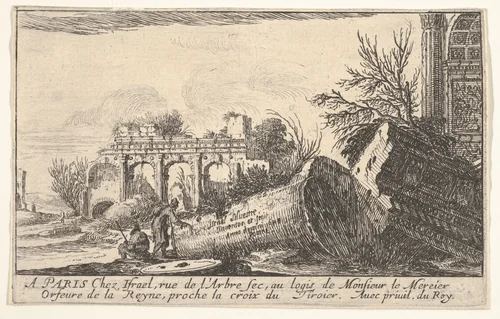 A man reaches toward a fallen column, a seated man beside him, trees and ruins beyond, frontispiece from "Views of Italy" (Vues d'Italie) by Israel Silvestre, print, 1645
