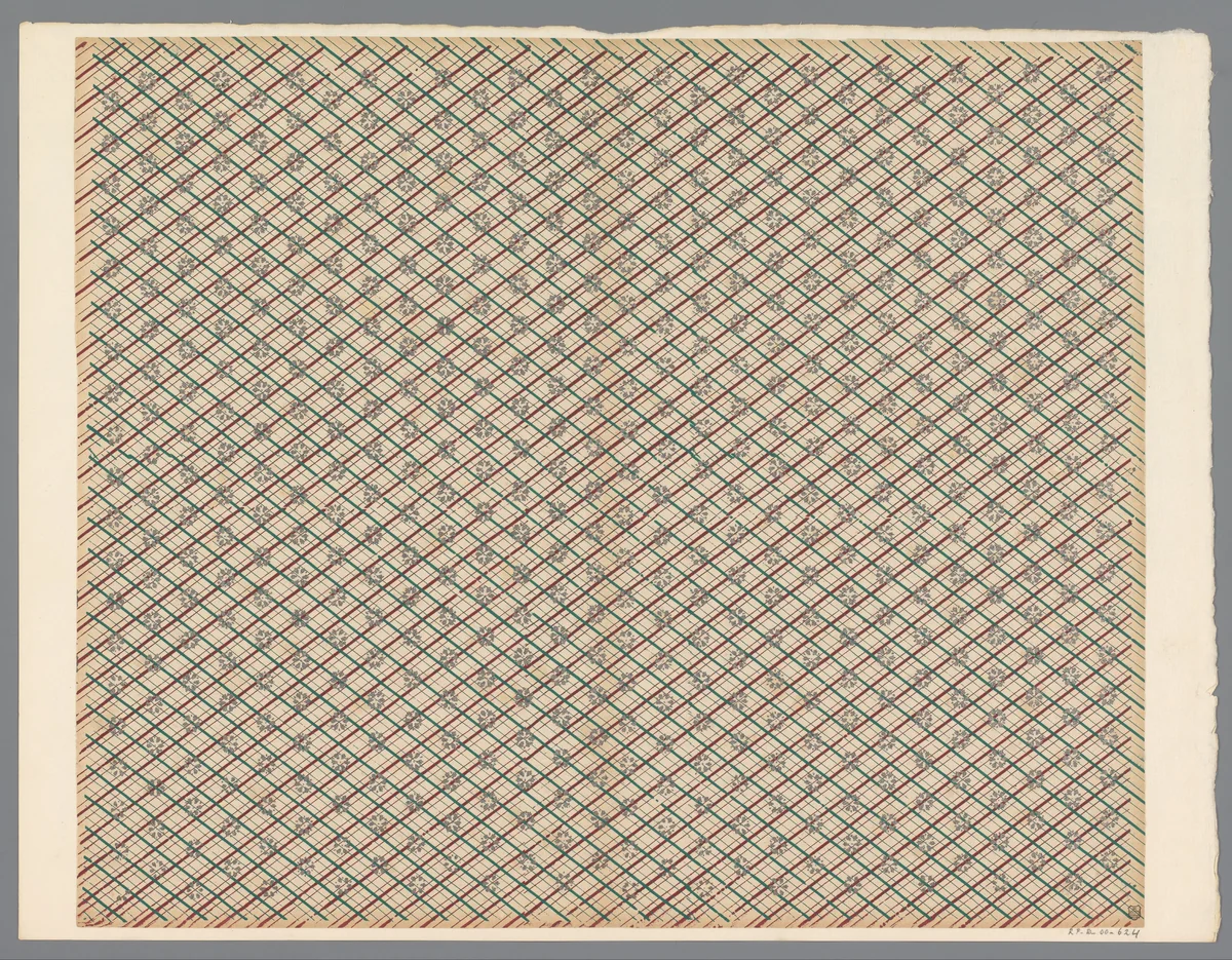 Blad met strooipatroon van bloemmotief over ruitenpatroon by anonymous, print, 1800-1900