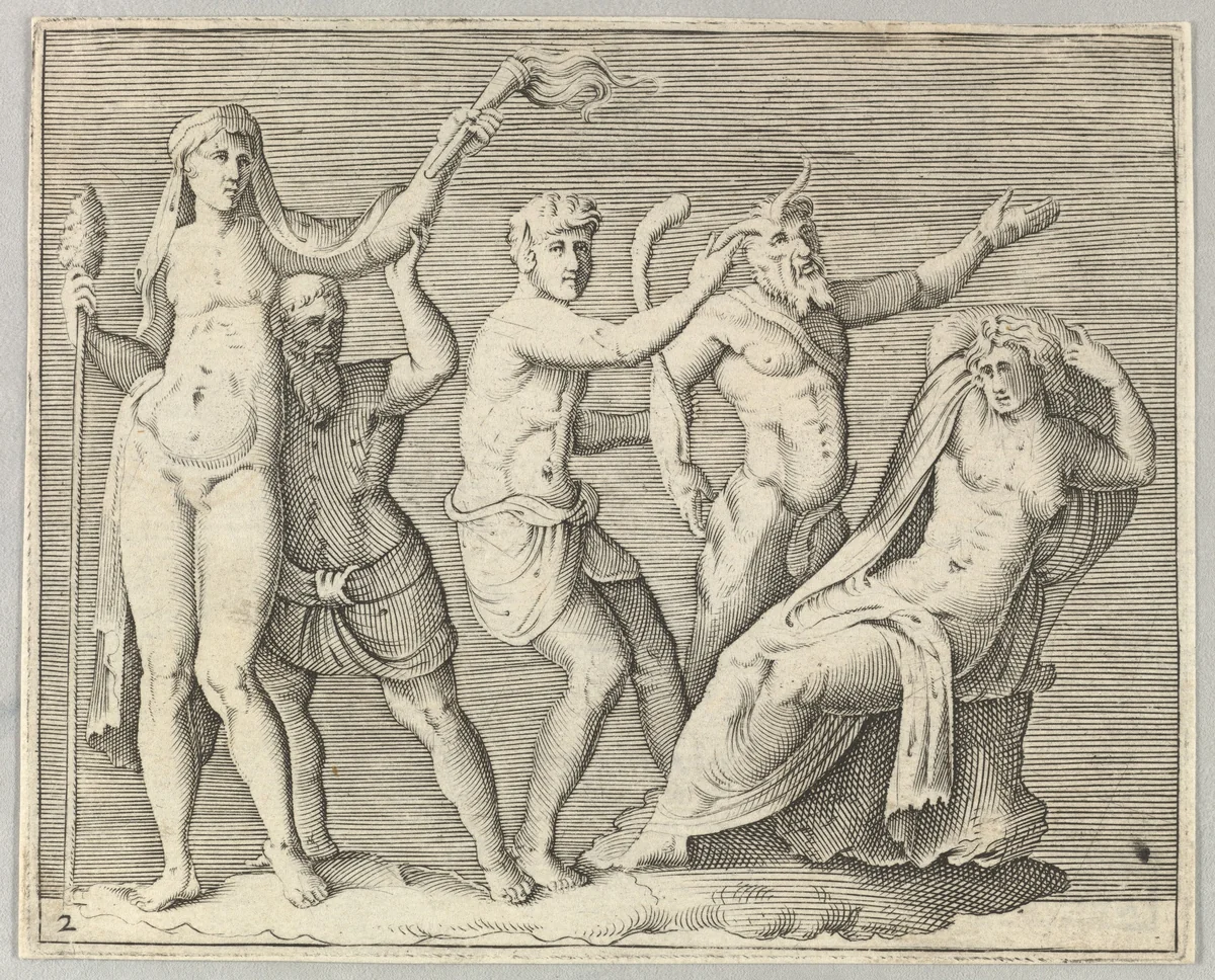 Two Figures, a Faun, and a Satyr approach a Recliniing Woman, from "Ex Antiquis Cameorum et Gemmae Delineata/ Liber Secundus/et ab Enea Vico Parmen Incis" by anonymous, print, 1599-1622