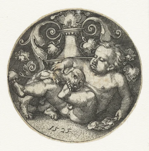 Spelend kind met hond by Barthel Beham, print, 1525