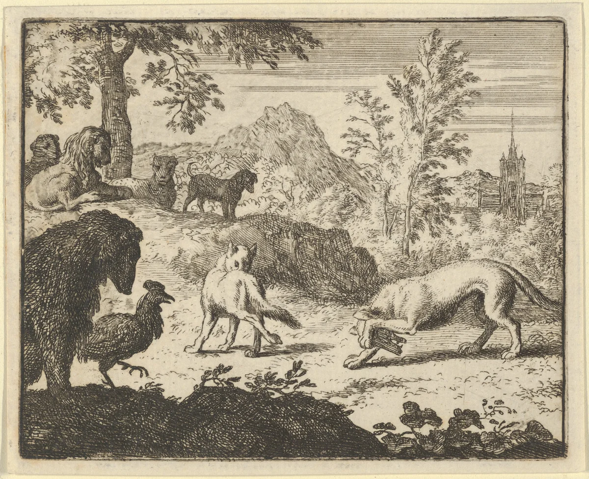 The Lion Allows a Fight Between the Wolf and Renard from Hendrick van Alcmar's Renard The Fox by Allart van Everdingen, print, 1650-1675