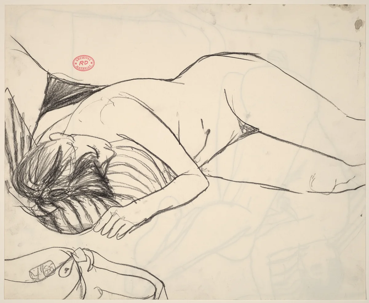 Untitled [female nude resting on a striped pillow] [recto] by Richard Diebenkorn, drawing, 1955-1967
