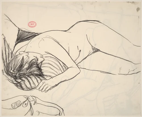 Untitled [female nude resting on a striped pillow] [recto] by Richard Diebenkorn, drawing, 1955-1967