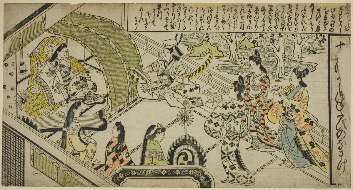 Yoshitsune's Encounter with Princess Joruri, from "The Tale of Joruri in Twelve Episodes (Joruri Junidan Zoshi)" by Sugimura Jihei, print, 1679-1709
