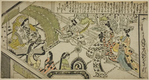 Yoshitsune's Encounter with Princess Joruri, from "The Tale of Joruri in Twelve Episodes (Joruri Junidan Zoshi)" by Sugimura Jihei, print, 1679-1709