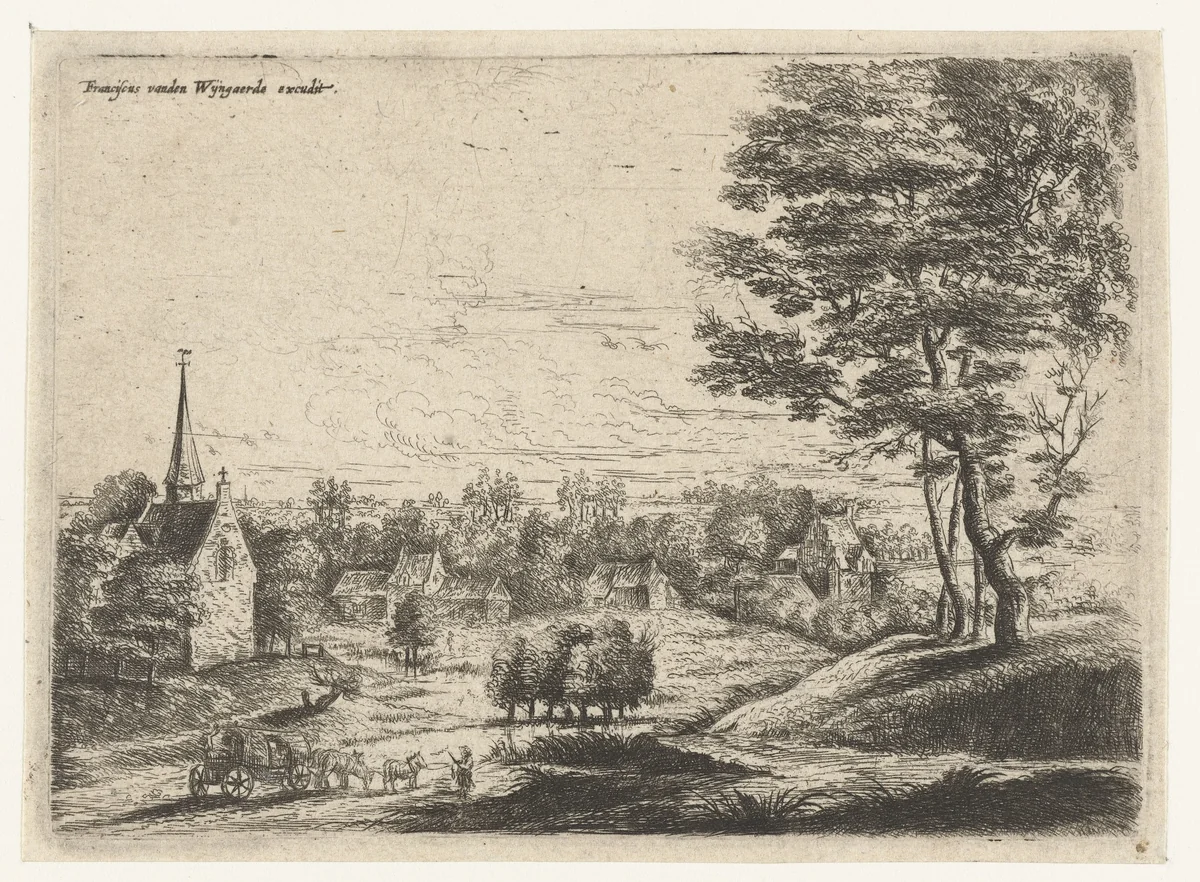 Gezicht op een dorp met een huifkar by Lucas van Uden, print, 1605-1673