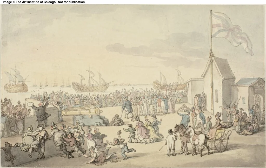 View of Prizes Taken by Lord Howe Coming in Portsmouth by Thomas Rowlandson, painting, 1794