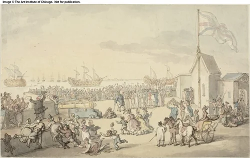 View of Prizes Taken by Lord Howe Coming in Portsmouth by Thomas Rowlandson, painting, 1794