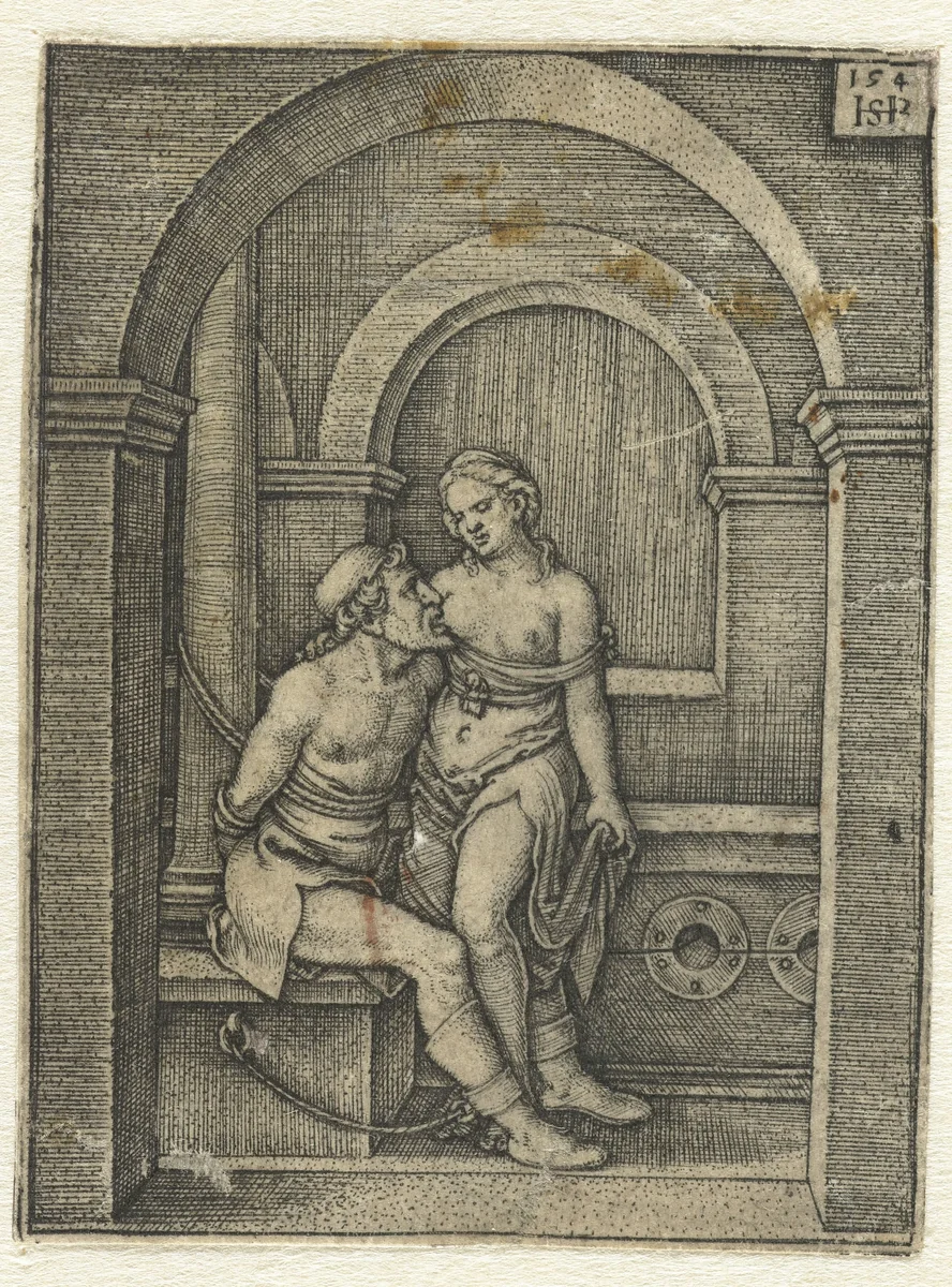 Pero zoogt geketende Cimon in gevangenis by Unknown, print, 1544