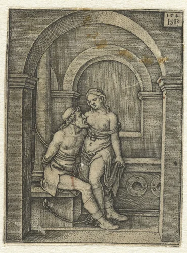 Pero zoogt geketende Cimon in gevangenis by Unknown, print, 1544