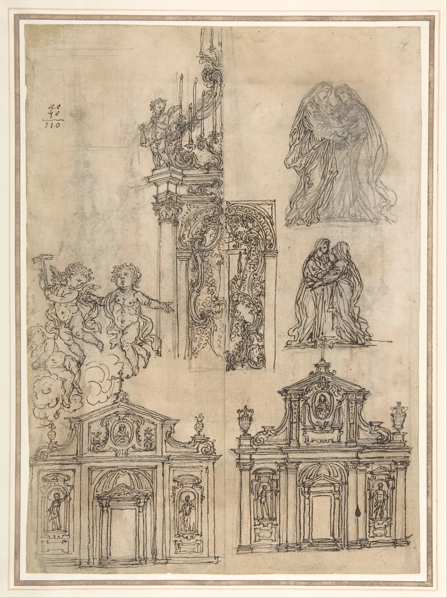 A Sheet of Studies with Architectural Motifs and Two Sketches for a Visitation (recto); Sketch for a Funerary Monument (verso) by Giovanni Battista Foggini, drawing, 1652-1725