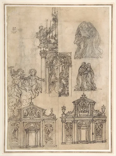 A Sheet of Studies with Architectural Motifs and Two Sketches for a Visitation (recto); Sketch for a Funerary Monument (verso) by Giovanni Battista Foggini, drawing, 1652-1725