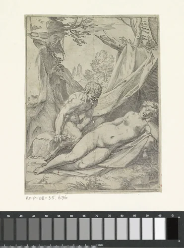 Sater bespiedt een slapende nimf by Agostino Carracci, print, 1590-1595
