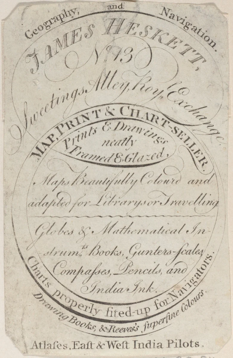Trade Card for James Heskett, Map, Print, and Chart Seller by anonymous, print, 1800-1900