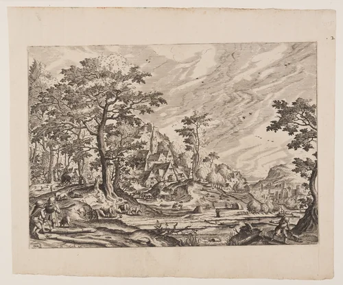 View of a Village, a Man Carrying a Wheelbarrow, plate 8 from Landscapes with Views of Villages by Hans Bol, print, 1562