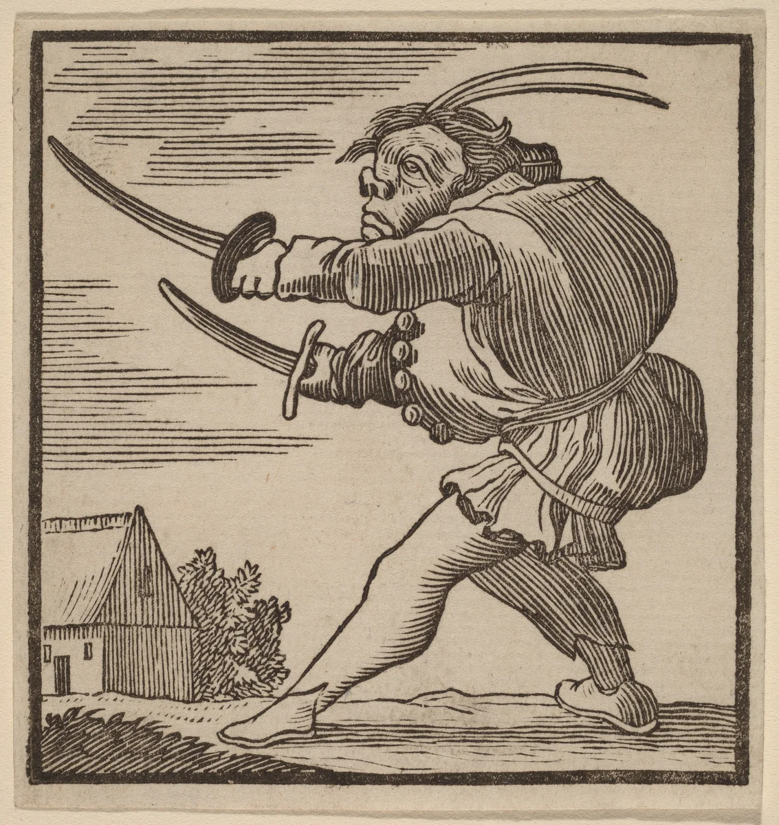 Hunchback Brandishing Two Swords by H. Numan, print, 1769-1771
