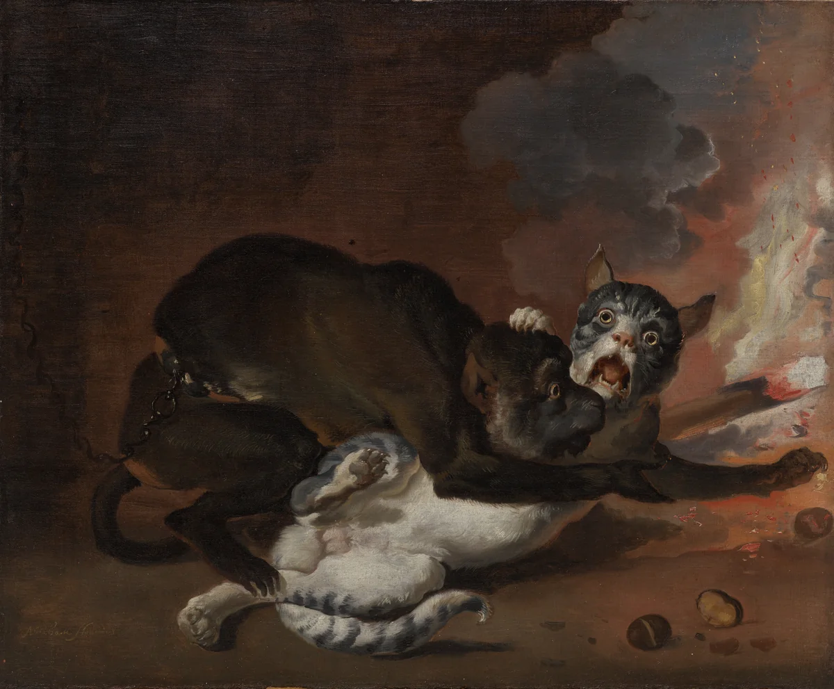 The Monkey and the Cat by Abraham Hondius, painting, 1670-1679