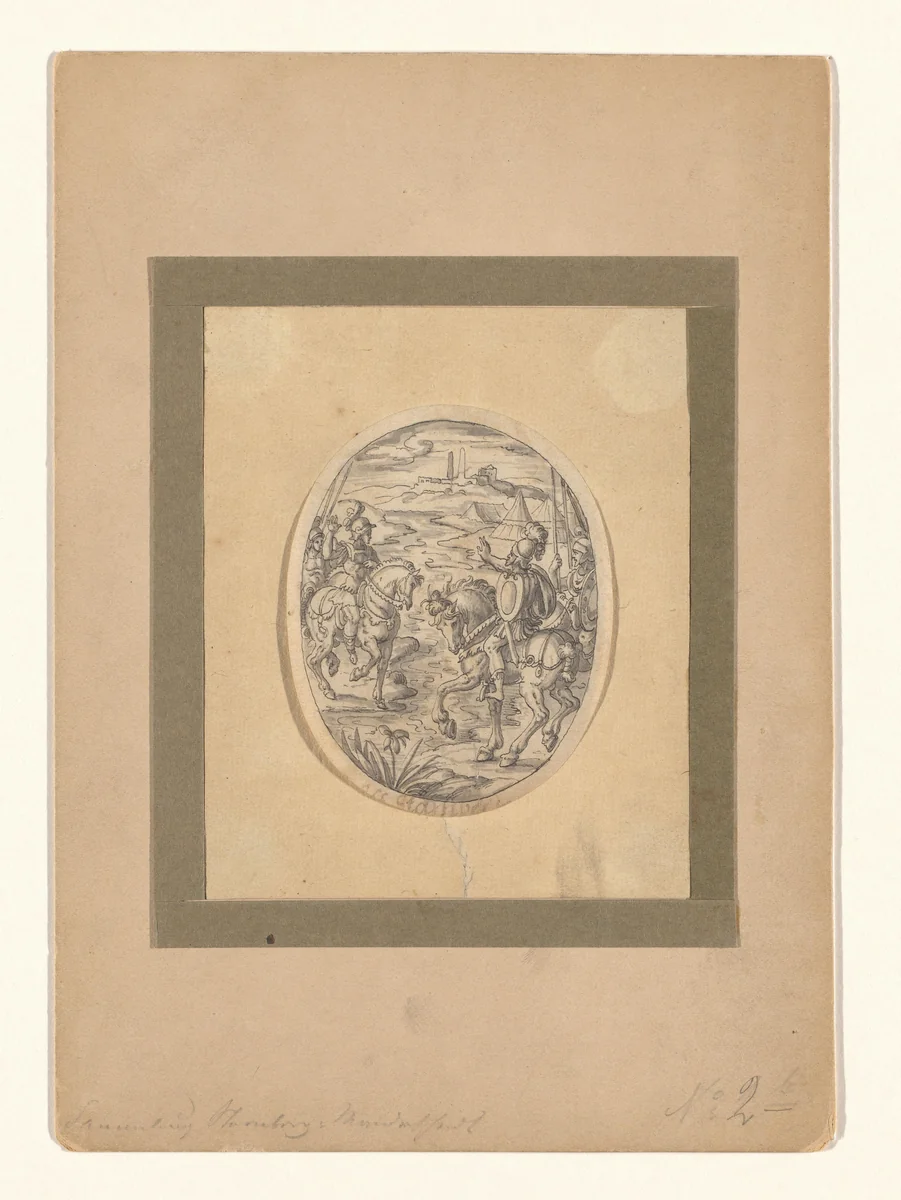 Twee elkaar begroetende Romeinse veldheren te paard by Unknown, drawing, 1580